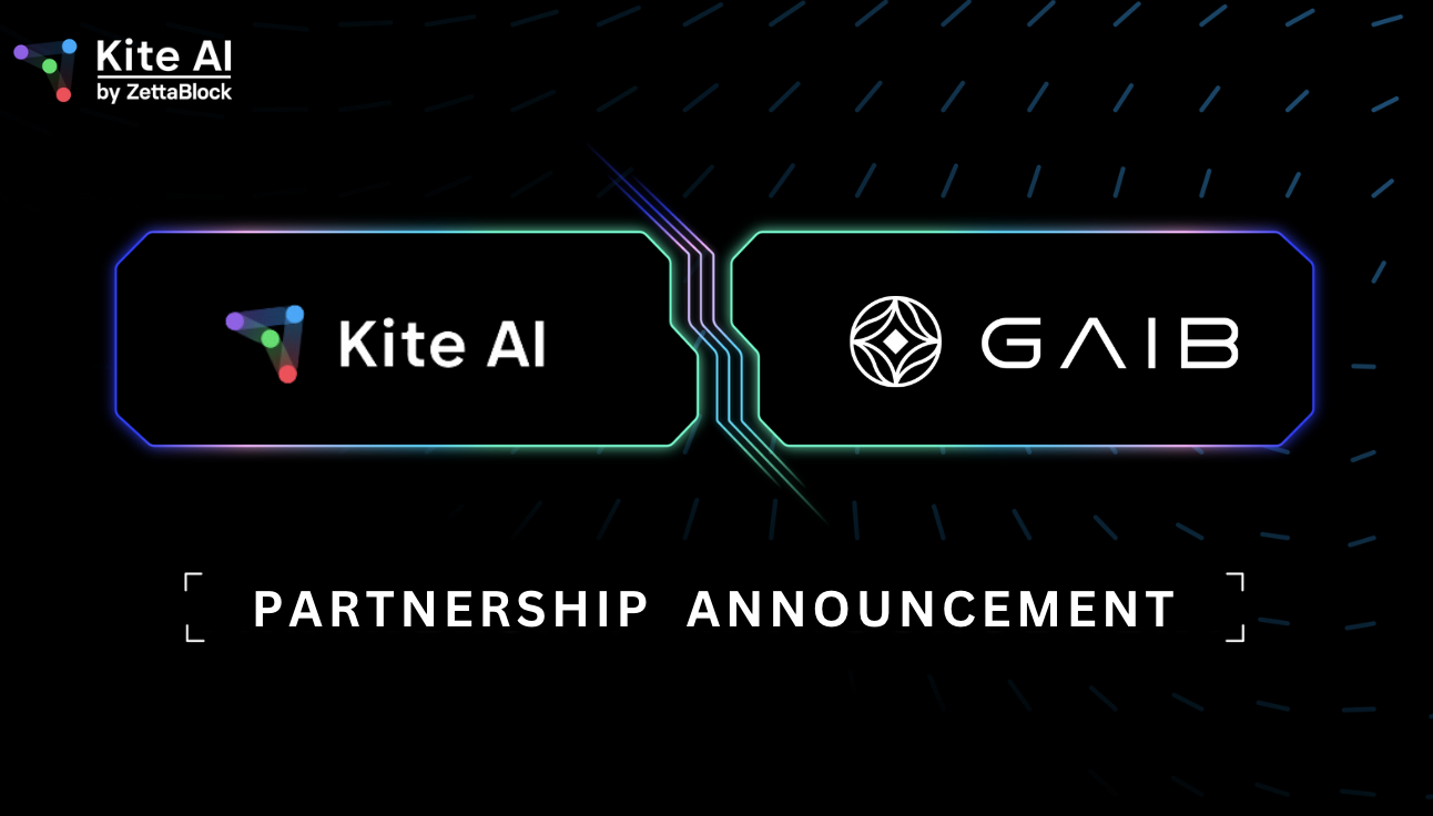 Partnership announcement image featuring Kite AI and GAIB logos on a dark background with glowing lines and futuristic design elements.