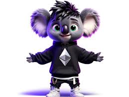 Cartoon koala in a hoodie with Ethereum logo, arms out.